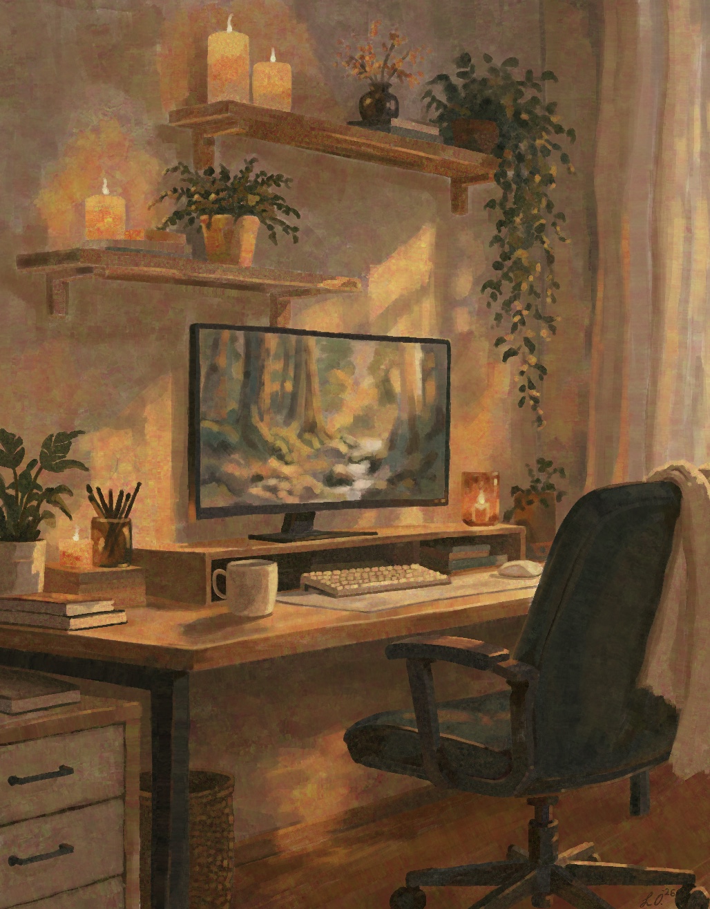 Illustration av Linns hemmakontor med skrivbord, skärm, bokhyllor, växter och levande ljus