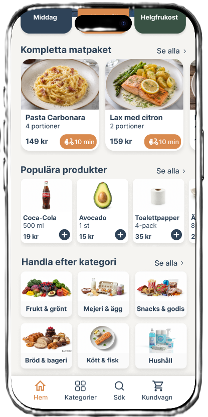 Översiktsvy för matappen med produktkort och kategorier