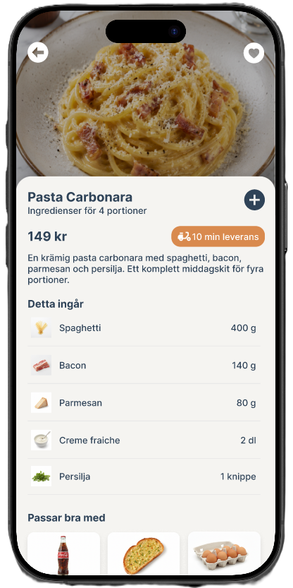 Produktsida för pasta carbonara i matappen