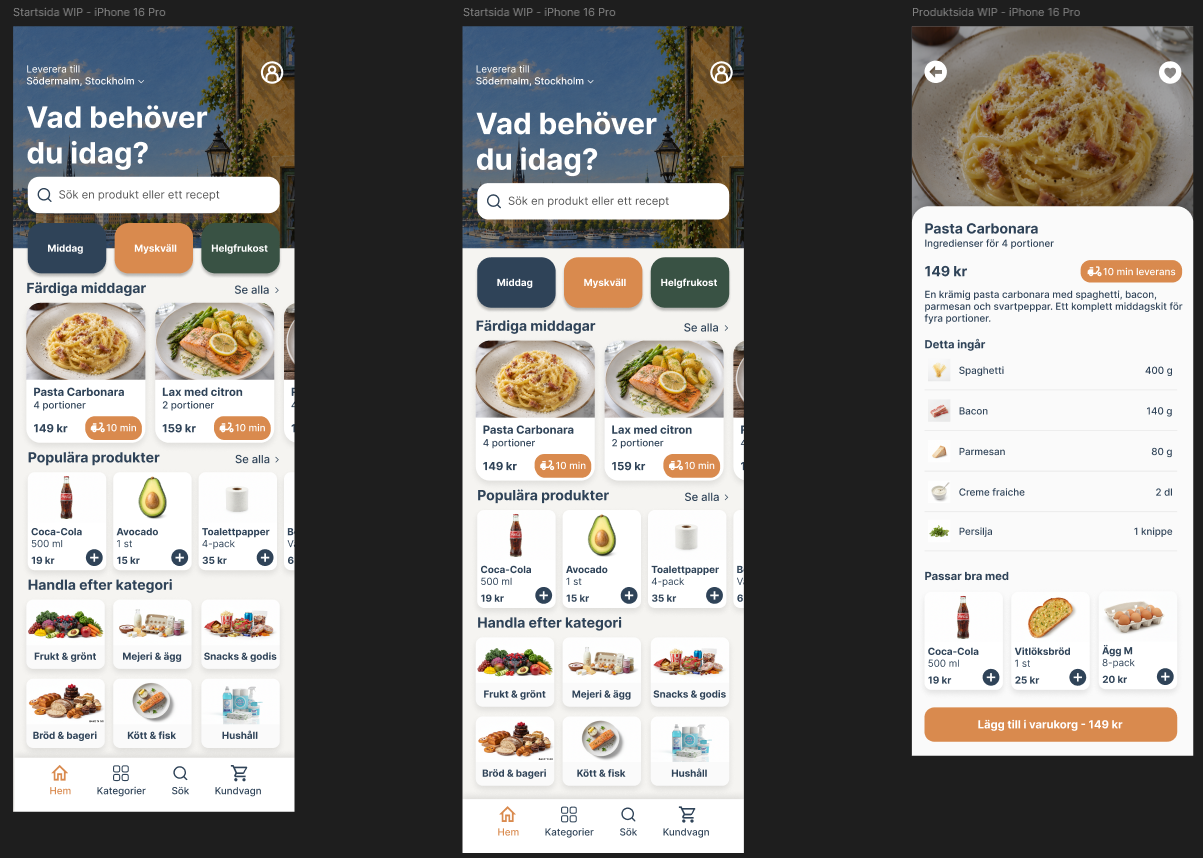 Tidiga designutforskningar för matappen i Figma